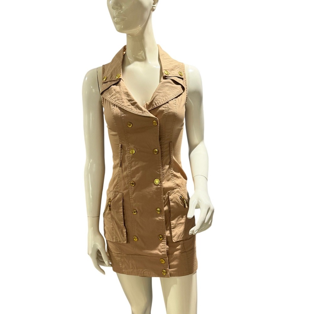 Papaya Size S Tan Military Utility Mini‎ Dress Gold Snap Sleeveless